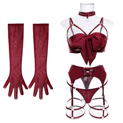 Open Bra Silk Underwear With Gloves Bow knot Lingerie Outfits