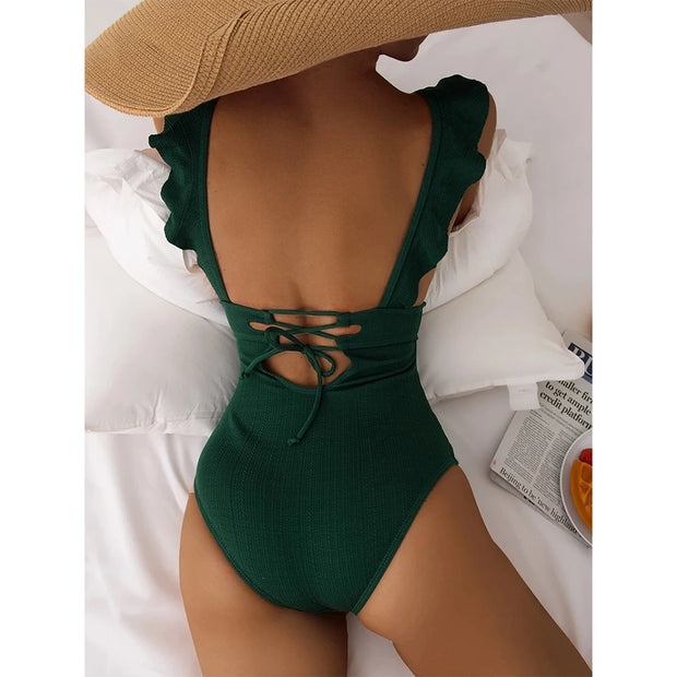 Women Solid Deep-V Ruffle One Piece Swimsuit Off The Shoulder Print Floral Swimwear