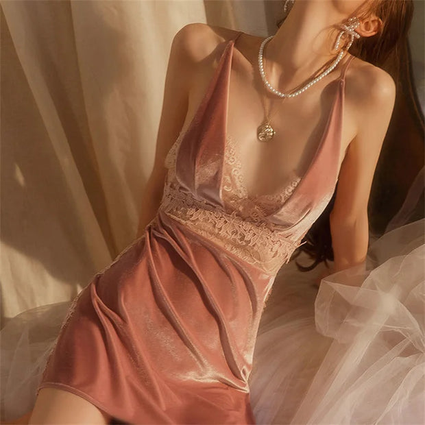Women Gorgeous Lace Nightgowns Deep V Beauty Backless Velvet Nightdress