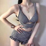 Ladies 2 Piece Plaid Hollow Out Cross Straps Sexy Bikini Swimsuit