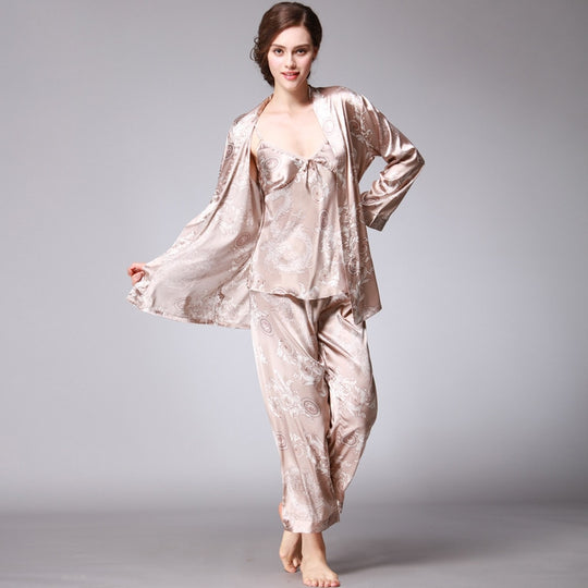 Ensemble pyjama 3 pièces en Satin de soie pour femmes, ensemble pyjama soyeux à fleurs avec Robe et pantalon
