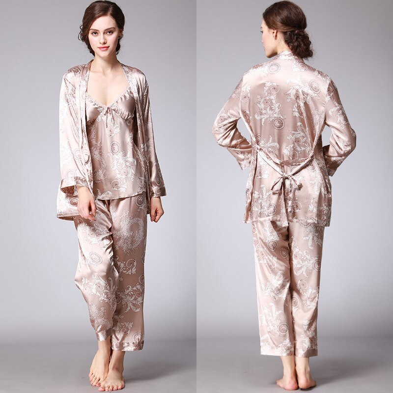 Ensemble pyjama 3 pièces en Satin de soie pour femmes, ensemble pyjama soyeux à fleurs avec Robe et pantalon