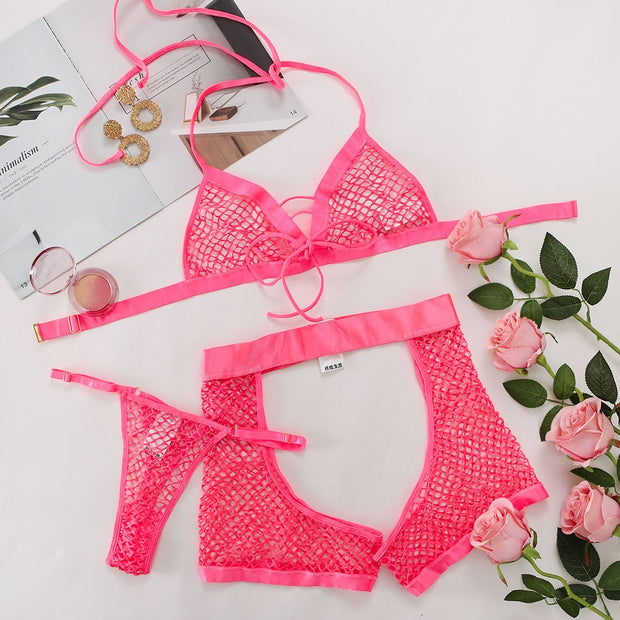 Mesh Erotic Lingerie Set 3Pcs Transparent Lace Underwear See Through Outfits