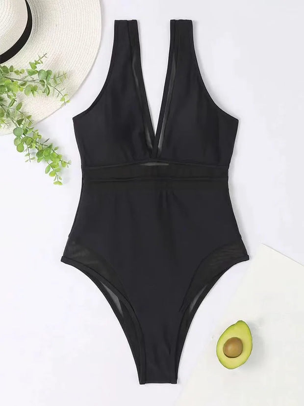Women Mesh Patchwork Solid Sport Sexy V-neck One Piece Swimsuit