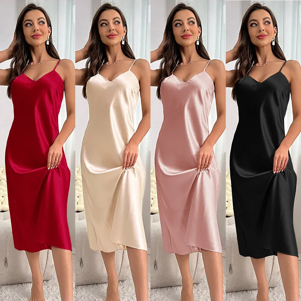 Women's Ice Silk Sexy Solid Color Long Nightdress