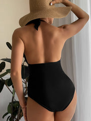 Ruched Halter Swimsuit One Piece Sexy High Neck Swimwear Women Solid Bathers Bathing Suit