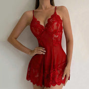 Red Silk Satin Lace Chemise Mini Nightdress
