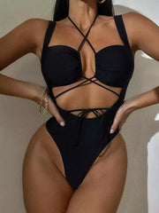 Women's Strapping Hollow-out Open-back Lace Up Sexy One-piece Swimsuit
