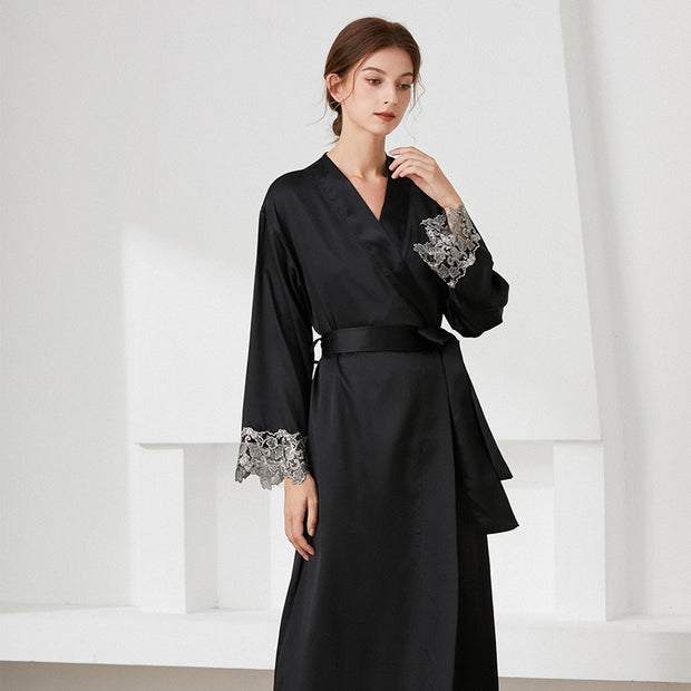 Women Satin Robes With Lace Cut Sleeve Luxury Female Nightwear Robe