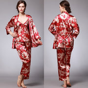 3 Pcs Women's Silk Satin Pajamas Set Floral Silky Pj Sets with Robe and Pant