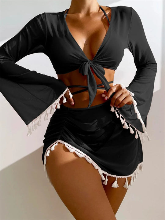 Sexy 4 Pieces Halter Solid Swimwear Cover Up Swimsuit Long Sleeve And Skirt Bikinis