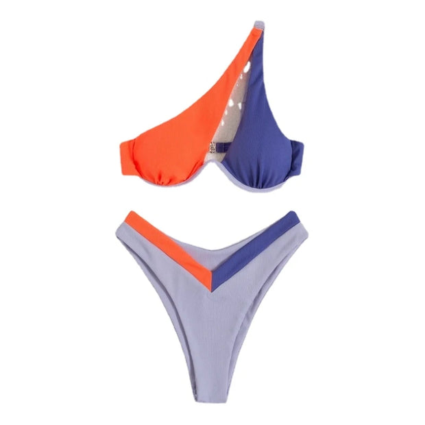 Multicolor Sexy Triangle Ladies Split Swimsuit Solid Color One-shoulder Steel Plate Bikini Suit