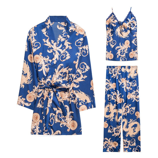 3 Pcs Women's Silk Satin Pajamas Set Floral Silky Pj Sets with Robe and Pant