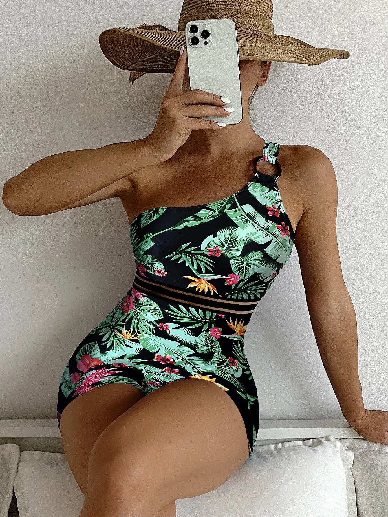 Sexy Print One Shoulder Women Push UP Bottom One Piece Swimsuit