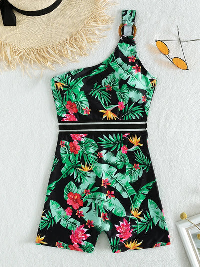 Sexy Print One Shoulder Women Push UP Bottom One Piece Swimsuit
