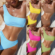 Women Brazilian 2 Pieces One Shoulder Bikini Textured High Cut Swimsuit