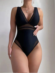 Women Mesh Patchwork Solid Sport Sexy V-neck One Piece Swimsuit