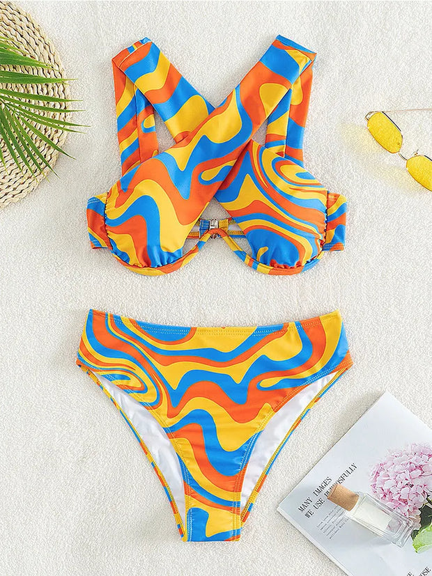 Women's Sexy Printed Wave Designer Halter Cross High Waist Two Piece Swimsuit