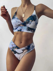 Printed Sport Bandeau Push-up Bikinis Sexy Marble Women High Waist Swimwear