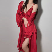 2Pcs Slip Dress Lace Women's Silk Robe Home wear Set