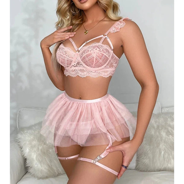 Sexy Three Point Garter Embroidered Lingerie Kit