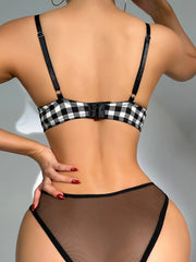 Push-Up Bra with Steel Ring and Black Plaid Women Underwear Panty Set