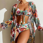 Sexy High Waist Three Pieces Floral Printed Women Bikini Set With Mesh Long-Sleeved Blouse
