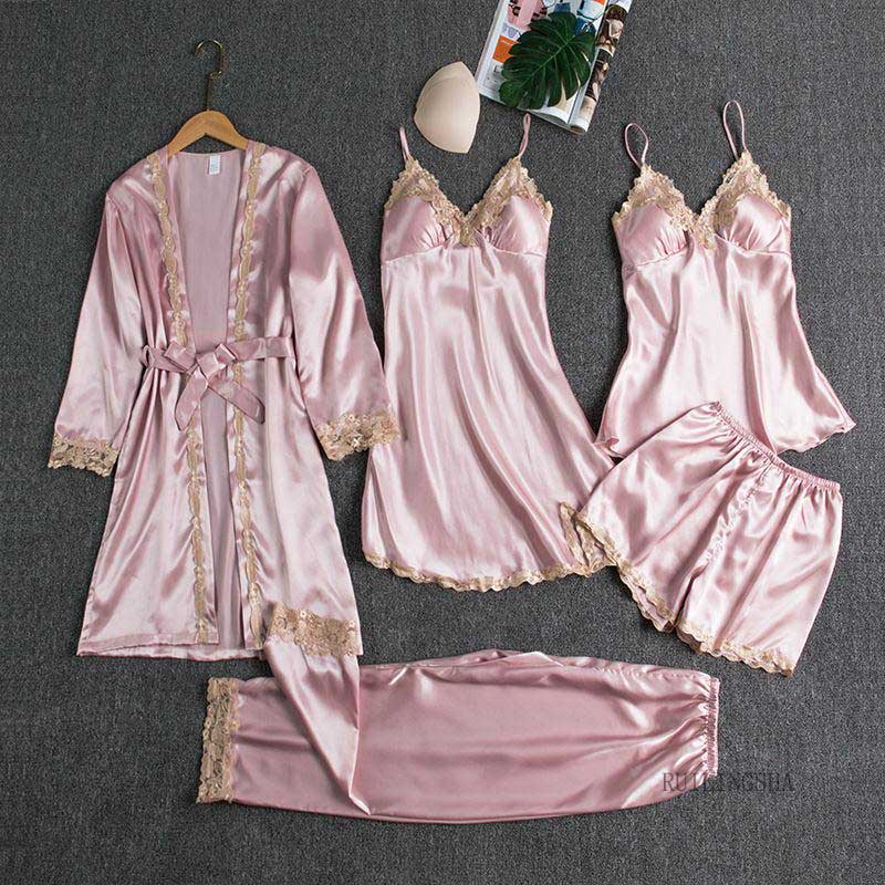 5Pcs Pajamas Set Satin Lace Patchwork Bridal Wedding Nightwear Nighty&Robe Suit