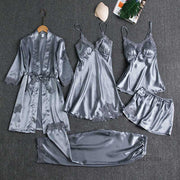 5Pcs Pajamas Set Satin Lace Patchwork Bridal Wedding Nightwear Nighty&Robe Suit