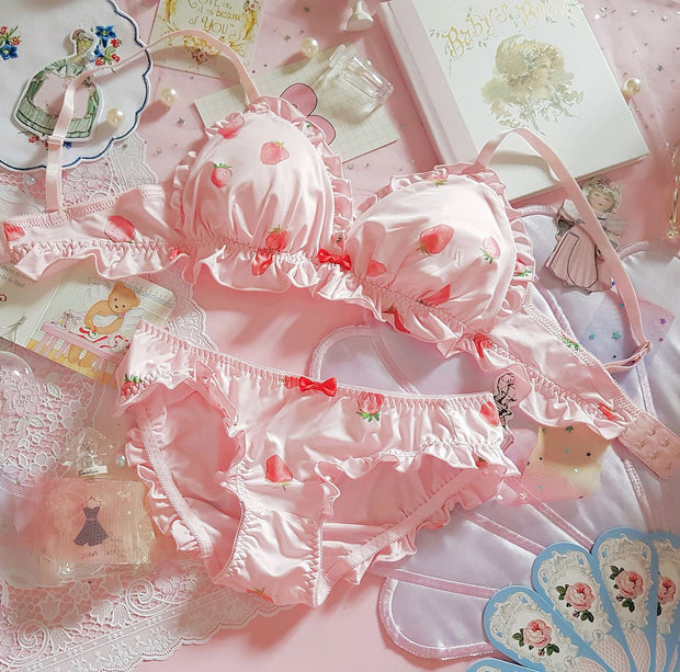 Strawberry Cute Japanese Milk Silk Bra & Panties Set Wirefree Soft Lolita Bra and Panty Set