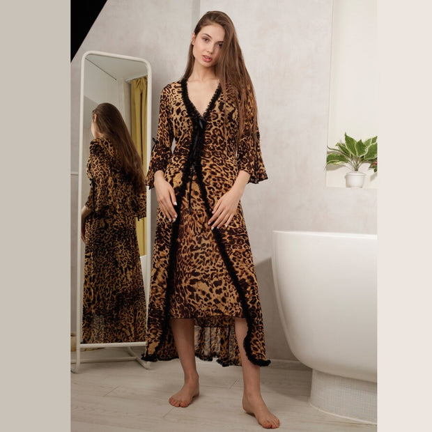 Sexy Leopard Sleepwear Mesh Bathrobe + Nightgown Lace Gown Robe
