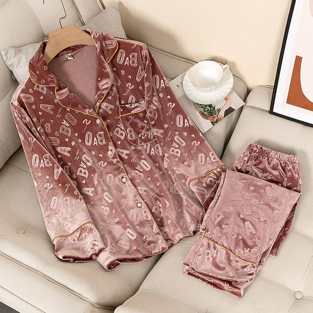 2Pcs Velvet Pajamas Set For Women Set Full Sleeve Letter Sleepwear Loose Nightwear
