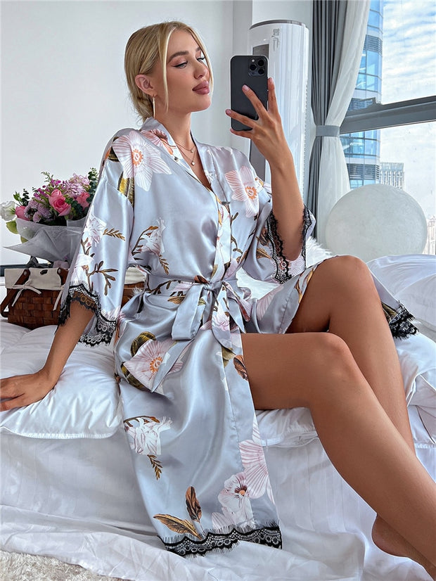 Floral Print Drop Shoulder Party Robe Satin Belted Sleep Nightgown
