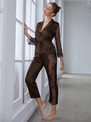 Women's Satin Pajamas Set Lounge Wear Hollow Out 2pcs Sleepwear