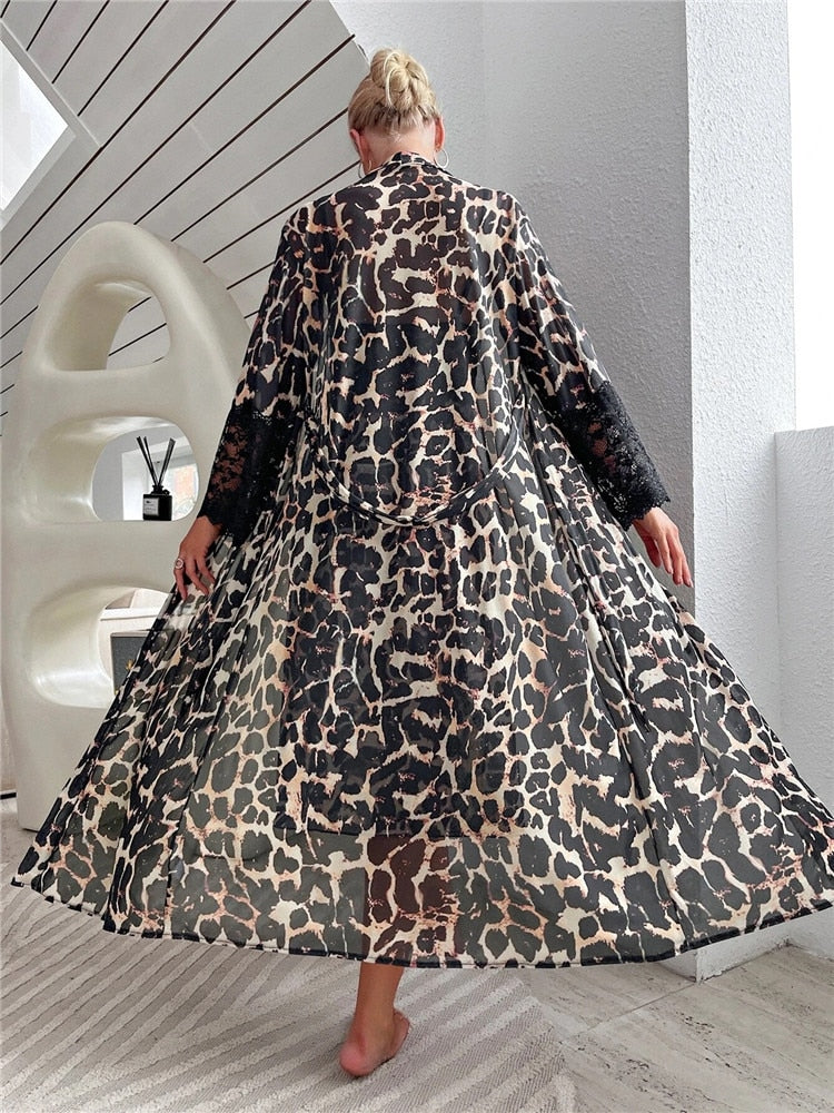 2 pièces Sexy imprimé léopard dentelle maille Slip robe Robe mariée chemise de nuit côté ouvert longue Robe de nuit