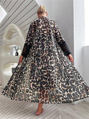 2Pcs Sexy Leopard Print Lace Mesh Slip Dress Robe Bridal Nightdress Open Side Long Night Gown