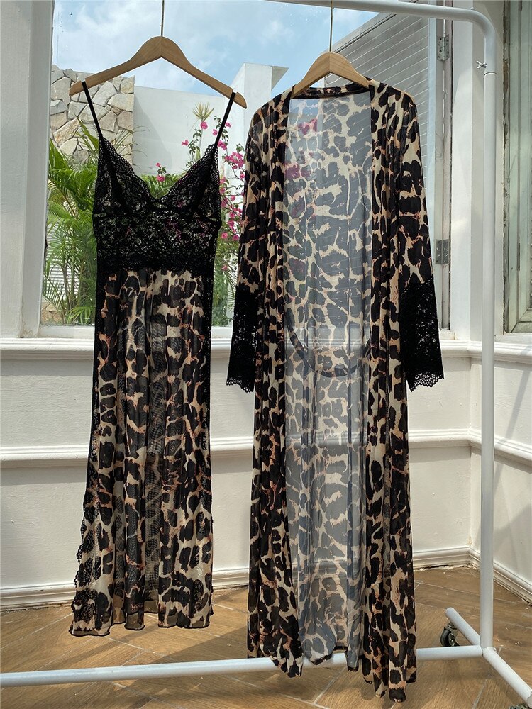 Ensemble de peignoir sexy Robe en maille à imprimé léopard Robe de nuit longue