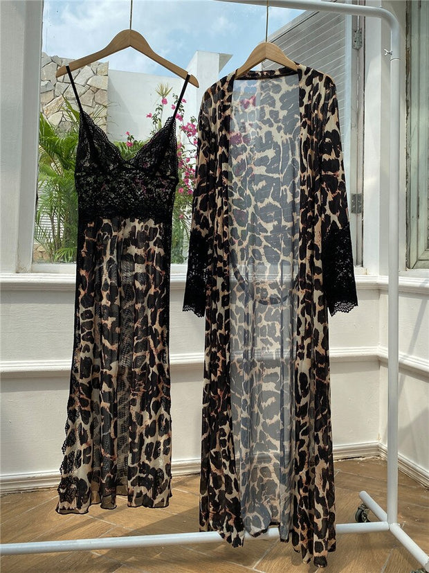 Sexy Bathrobe Set Leopard Print Mesh Robe Long Night Gown