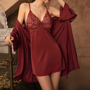 2Pcs Satin Silk Robe Sleep Suit Women Mesh Lace Night Dress Gown