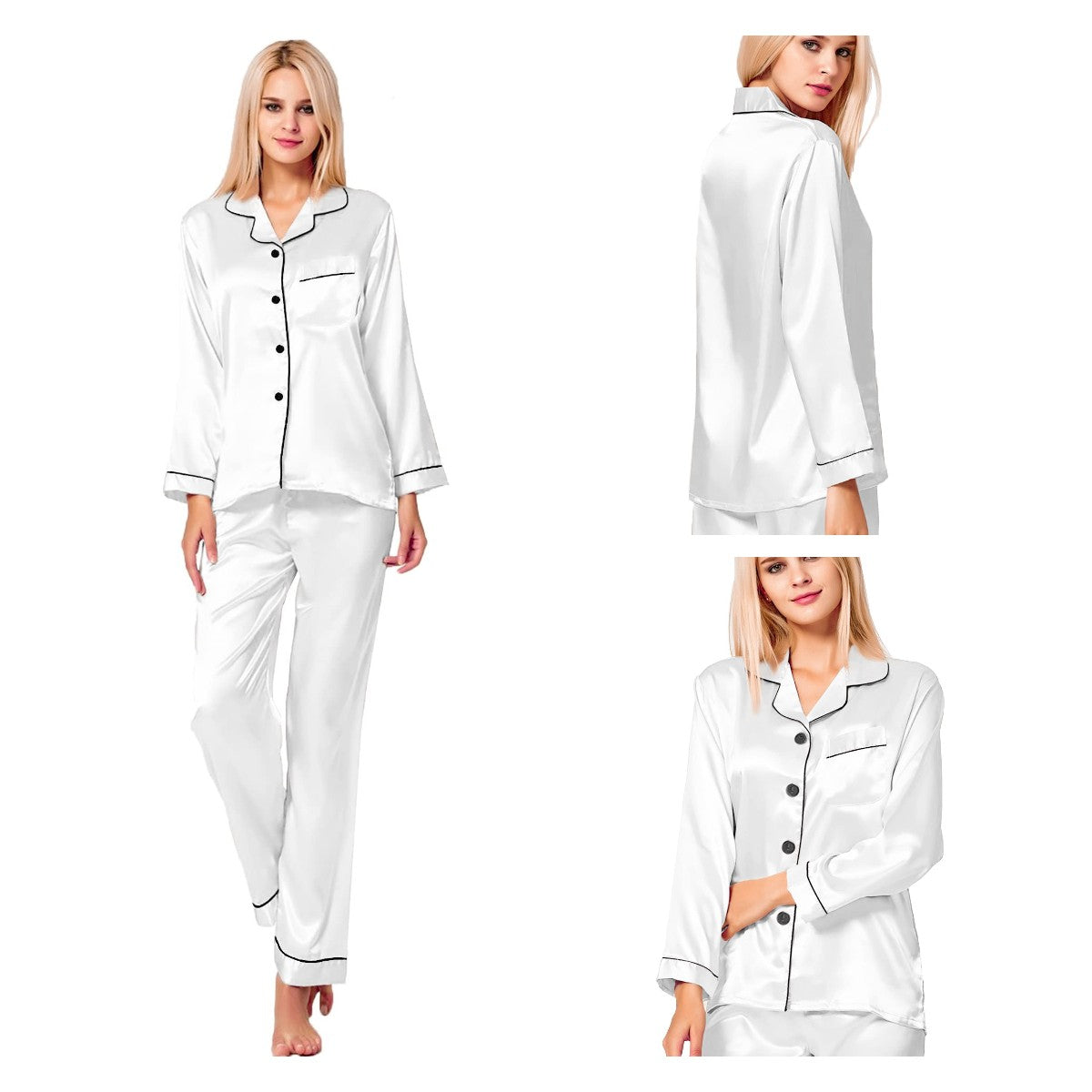 Pyjama en satin de soie pour femme Loungewear deux pièces vêtements de nuit boutonnés à manches longues Pj