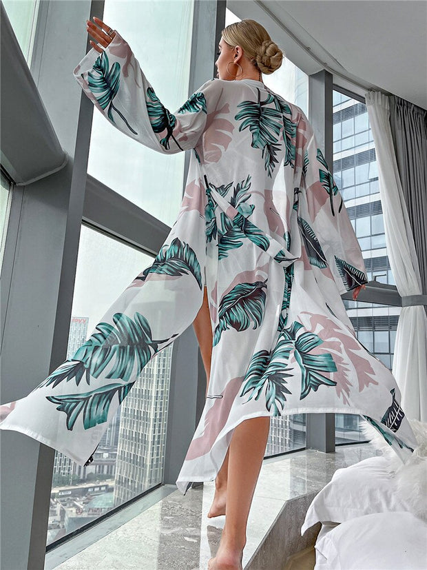 Summer Lace Kimono Hawaiian Print Bridal Robe Nightdress Open Side Long Night Gown