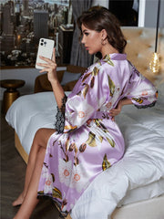 Floral Print Drop Shoulder Party Robe Satin Belted Sleep Nightgown