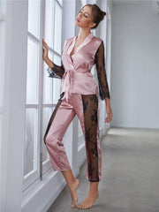 Women's Satin Pajamas Set Lounge Wear Hollow Out 2pcs Sleepwear